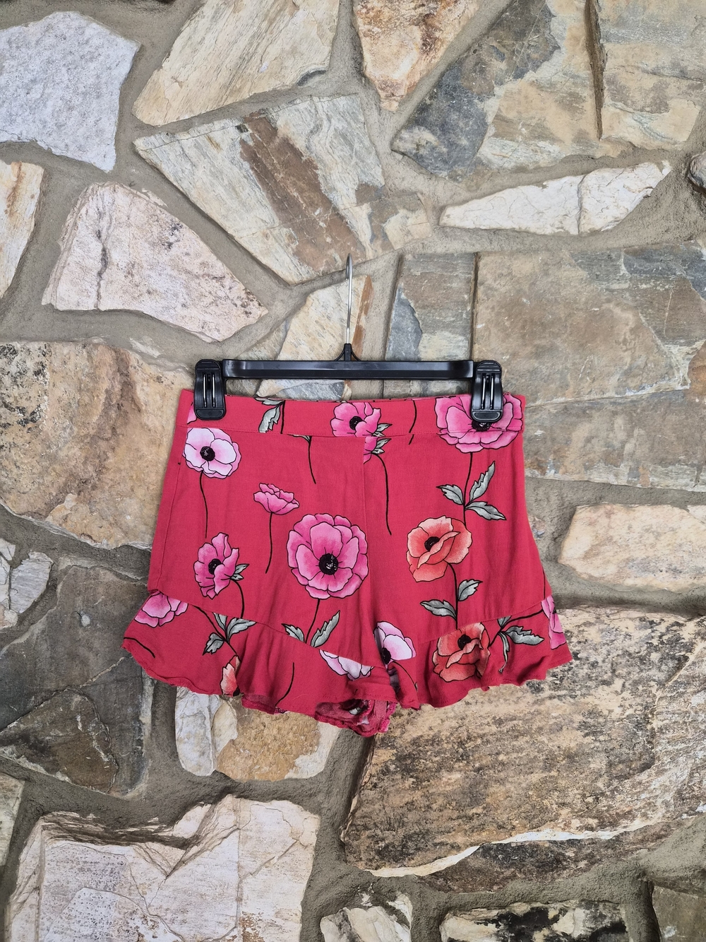 Poppy Print Mini Shorts With Ruffle Hem Size S